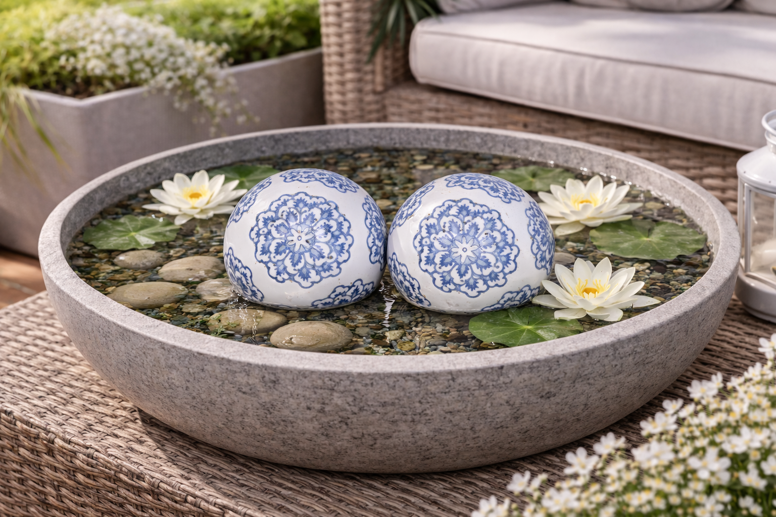 Schwimmkugel weiß/blau Ø4cm/Ø6cm/Ø7,5cm Blüten Porzellan Gartendekoration Schwimmende Deko Kugeln für Teich, Brunnen & Wasserschalen Elegante Garten Deko 3Größen wählbar
