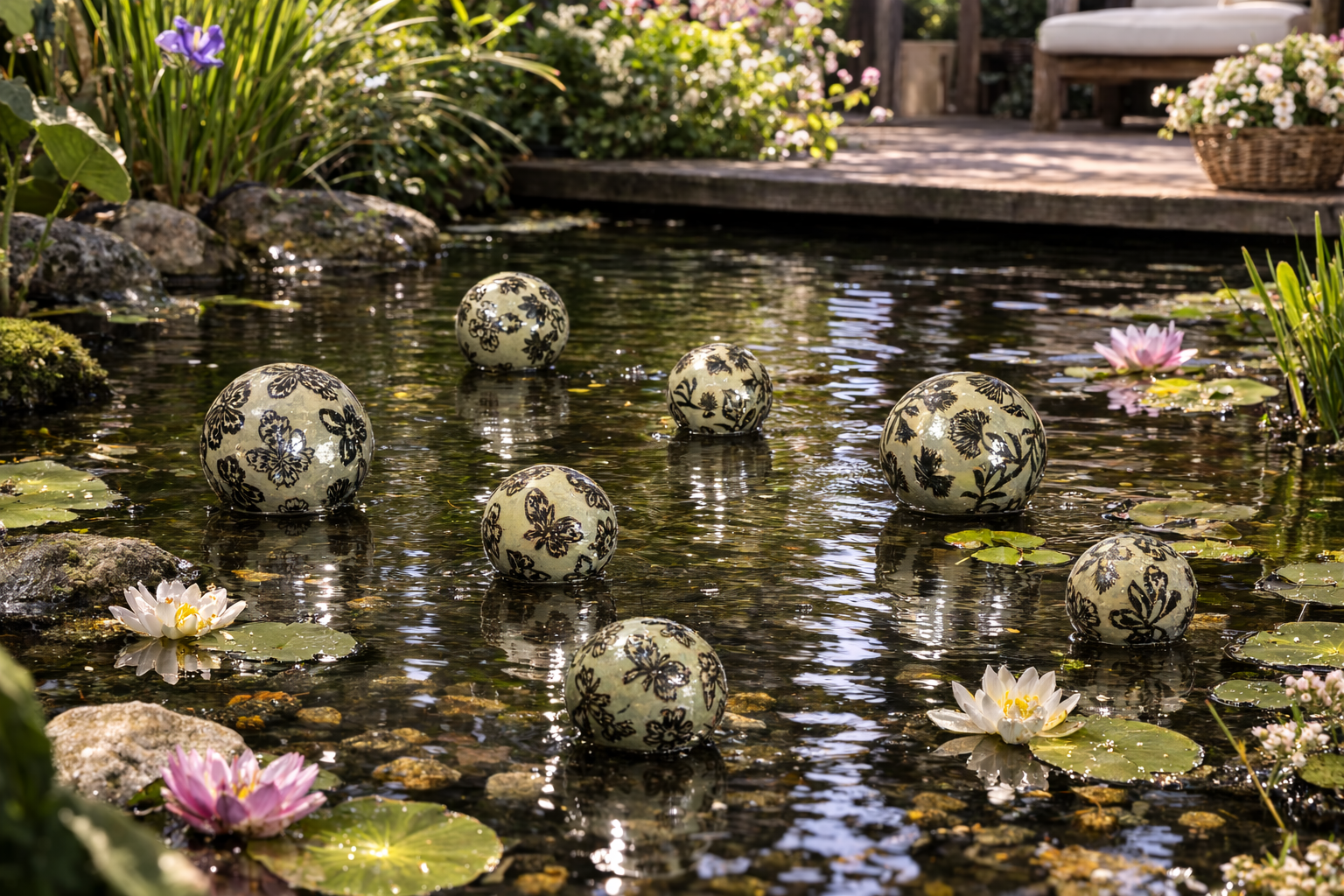 Schwimmkugel 2fach sort. hellgrün Ø4cm/Ø6cm/Ø8cm Blüten Porzellan Gartendekoration Schwimmende Deko Kugeln für Teich, Brunnen & Wasserschalen Elegante Garten Deko 3Größen wählbar