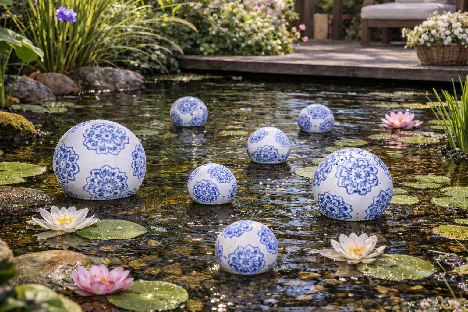 Schwimmkugel weiß/blau Ø4cm/Ø6cm/Ø7,5cm Blüten Porzellan Gartendekoration Schwimmende Deko Kugeln für Teich, Brunnen & Wasserschalen Elegante Garten Deko 3Größen wählbar