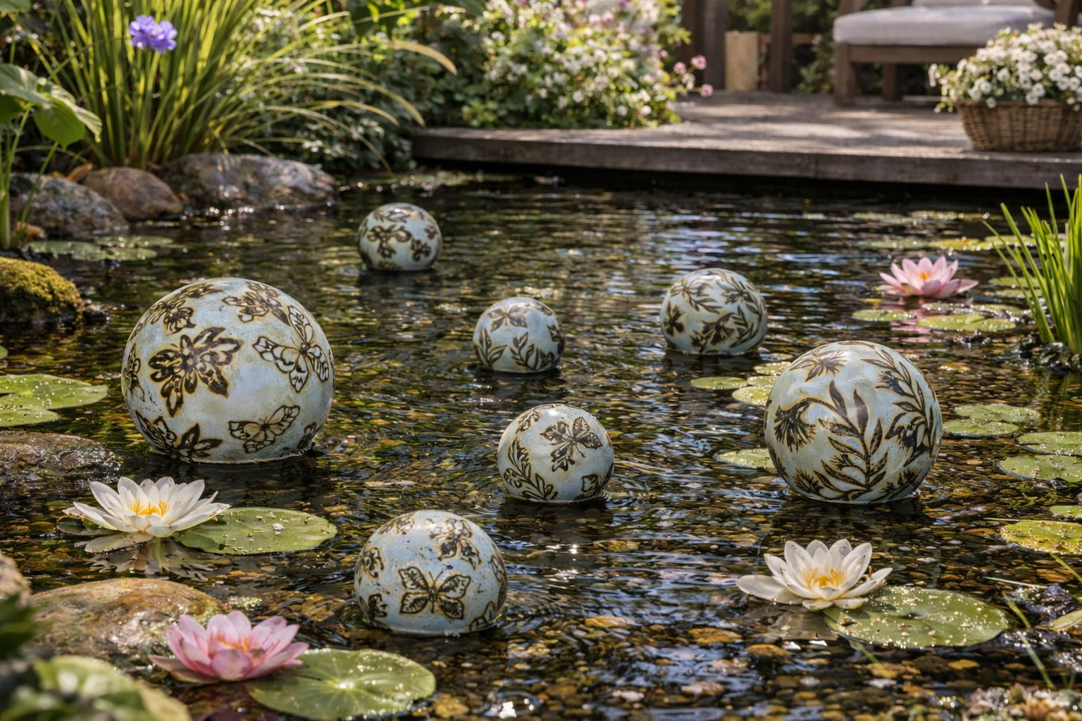 Schwimmkugel 2fach sort. hellblau Ø4cm/Ø6cm/Ø8cm Blüten Porzellan Gartendekoration Schwimmende Deko Kugeln für Teich, Brunnen & Wasserschalen Elegante Garten Deko 3Größen wählbar