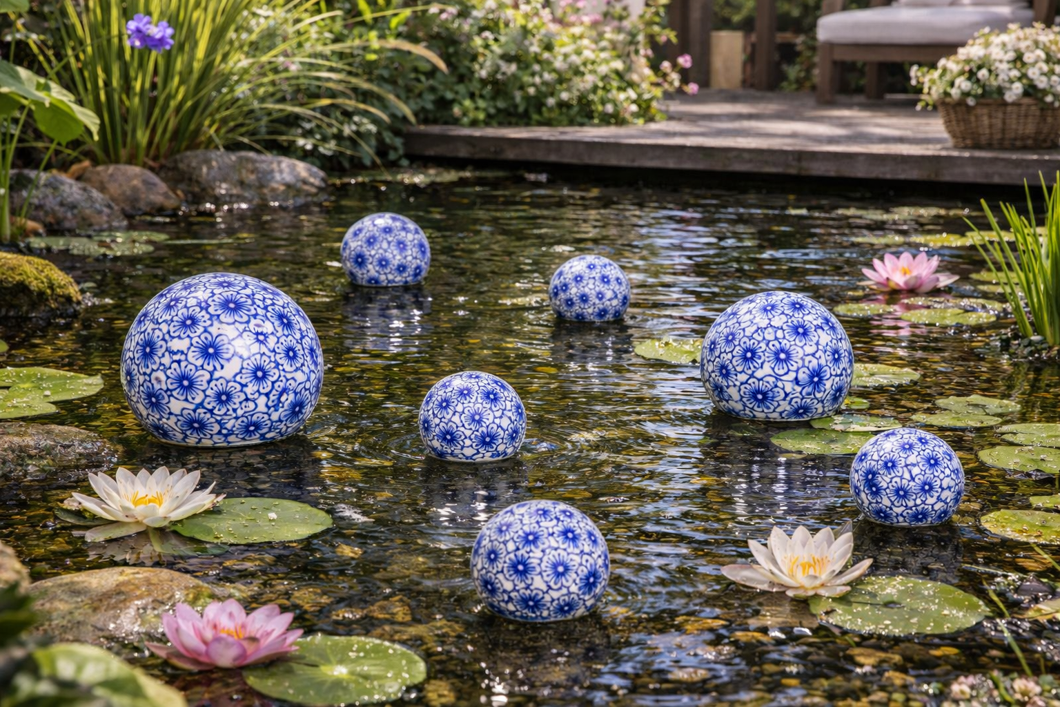 Schwimmkugel blau/weiß Ø4cm/Ø6cm/Ø7,5cm Blüten Porzellan Gartendekoration Schwimmende Deko Kugeln für Teich, Brunnen & Wasserschalen Elegante Garten Deko 3Größen wählbar