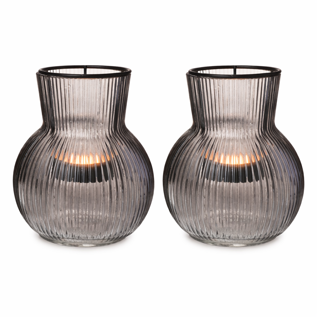 2x Windlicht Rillen Glas mit Teelichthaltereinsatz grau Ø11cm H12,5cm