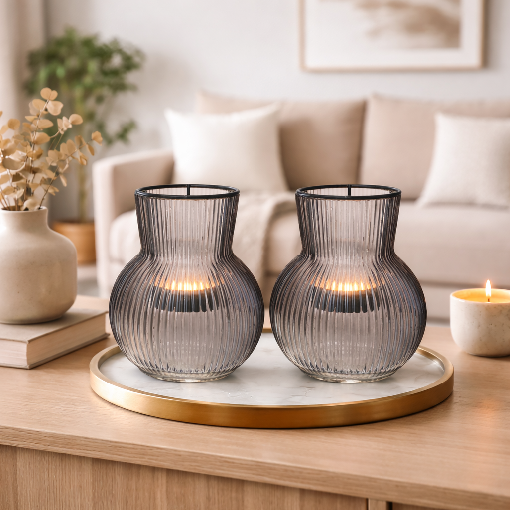 2x Windlicht Rillen Glas mit Teelichthaltereinsatz grau Ø11cm H12,5cm
