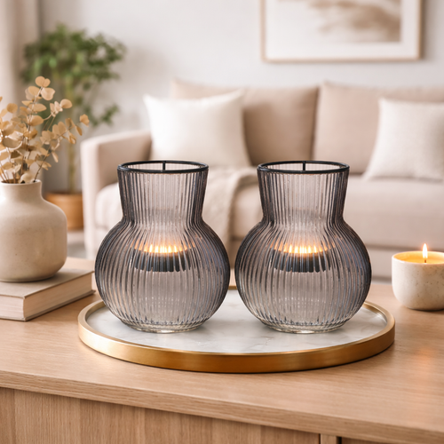 2x Windlicht Rillen Glas mit Teelichthaltereinsatz grau Ø11cm H12,5cm