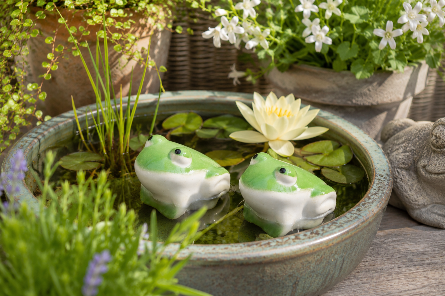 Schwimmfrosch aus Porzellan Grün Dekorativer Schwimmfrosch 2er Set 7x5cm H5cm Niedliche Teich- und Gartendekoration