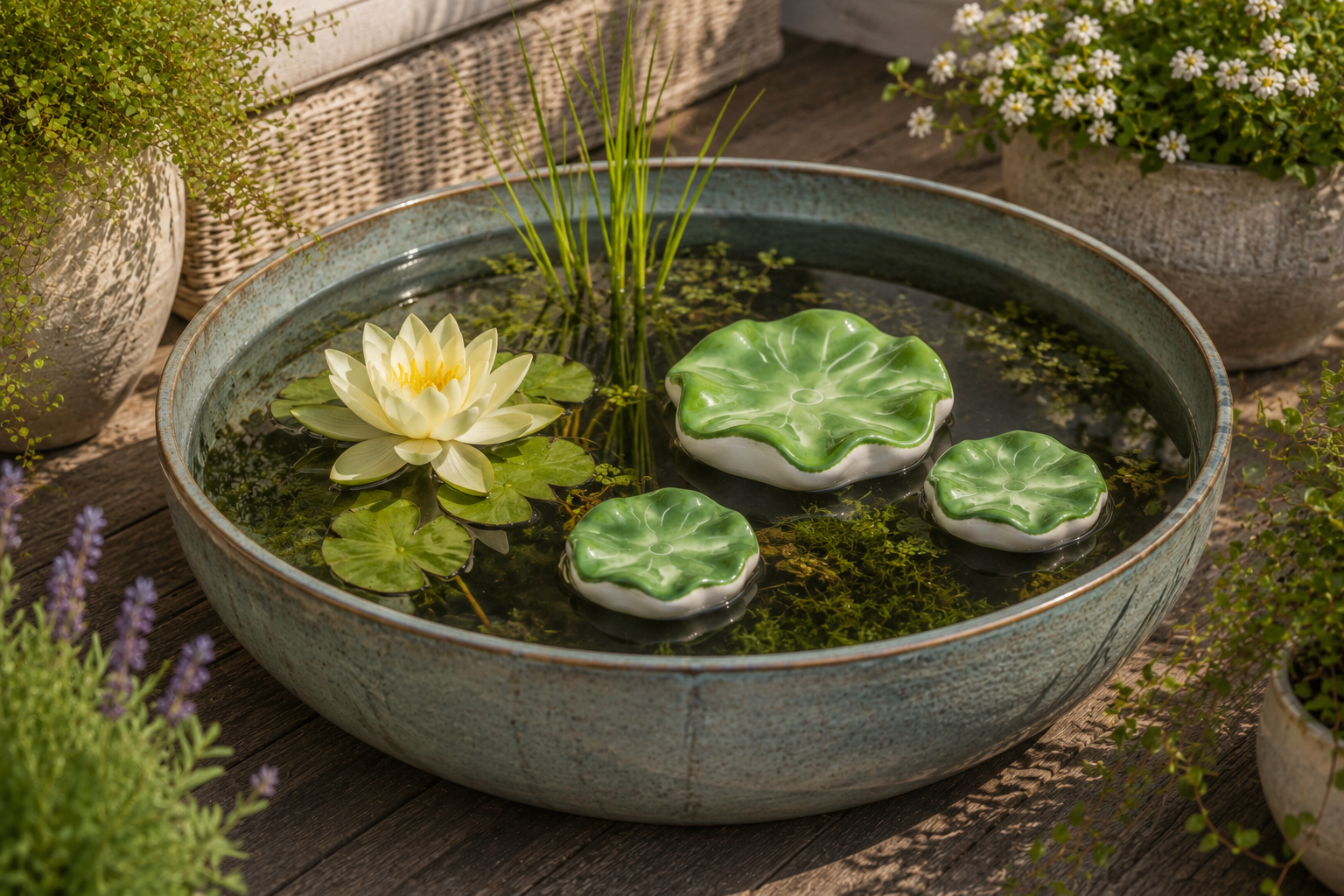 Lotusblatt aus Porzellan 3er Set schwimmende Dekoration grün Ø 6–8cm Teichdeko Wasserschale Garten- und Wohnaccessoire