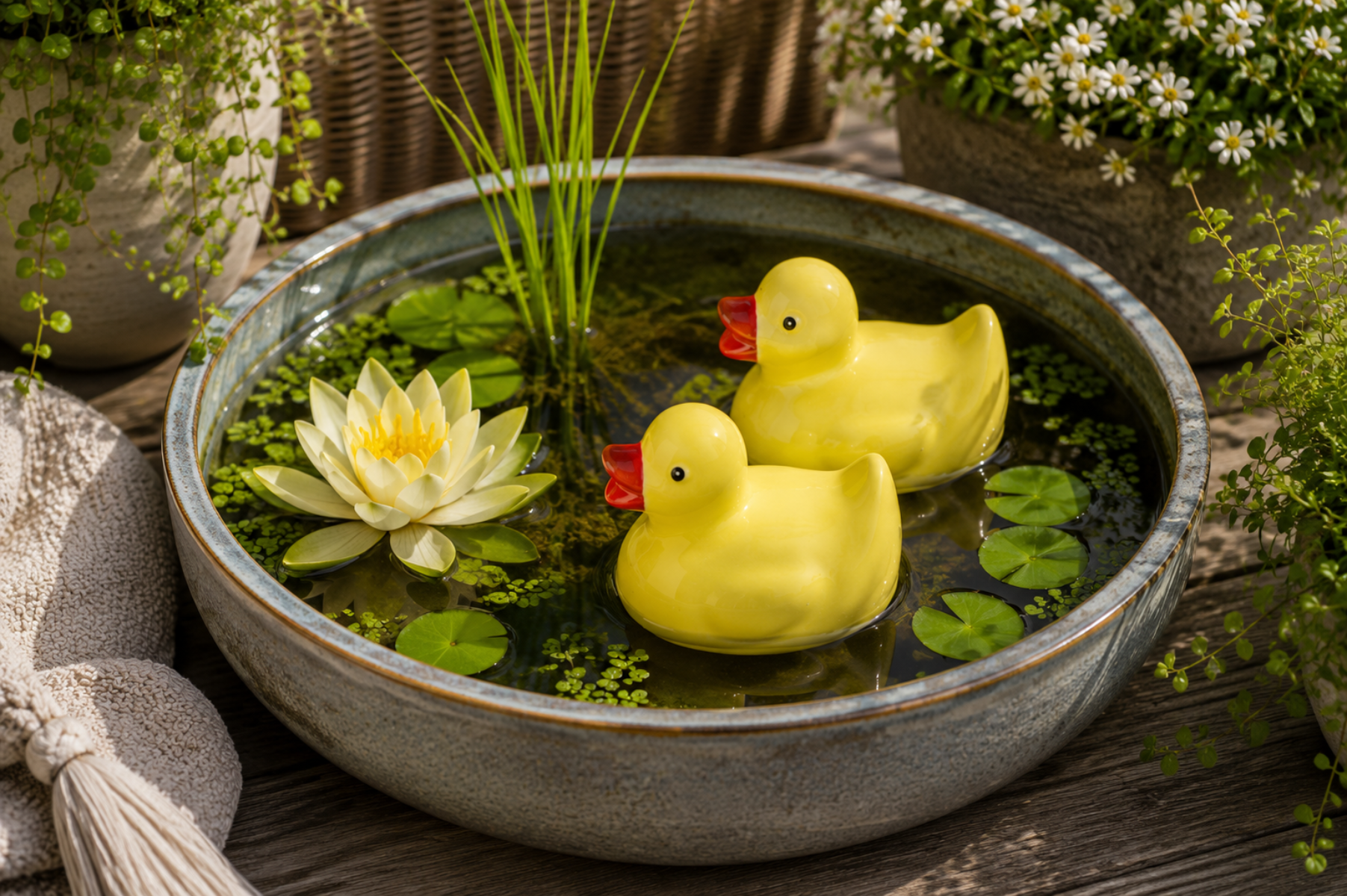 Schwimmente Gelb aus Porzellan Dekorative Schwimmenten 2er Set 10x8cm H9cm Teichdekoration für Miniteich Wasserschale Garten Terrasse und Balkon