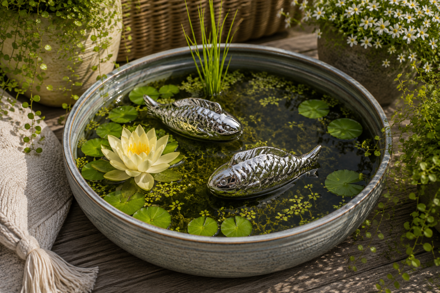 Porzellan Fisch schwimmend Silber 2er Set Dekofische für Miniteich, Wasserschale und Gartenteich 15,5 x4,5cm H6cm Maritime Gartendekoration für Terrasse und Balkon