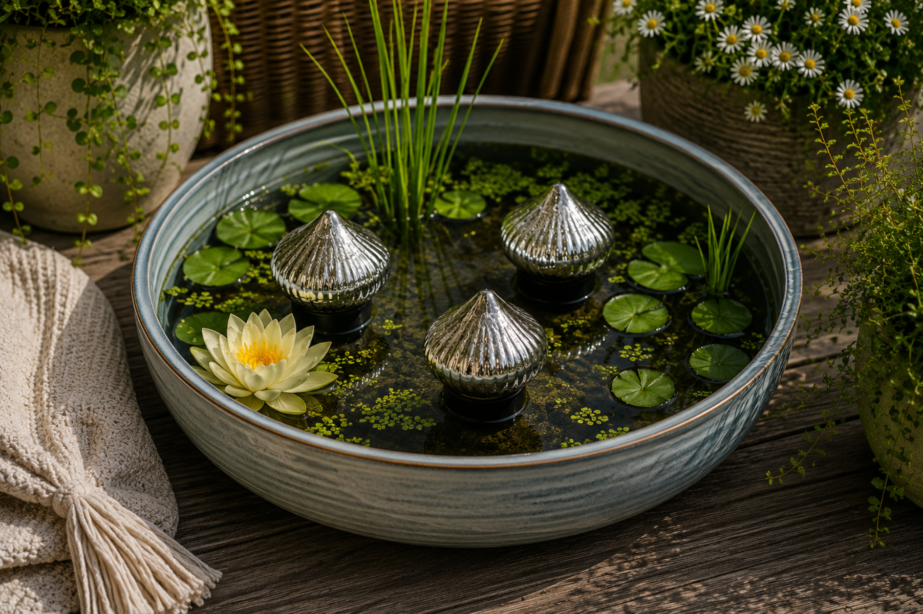 Glas-Schwimmlinse silber 3er Set Schwimmende Teichdekoration aus Glas Ø 6,5cm Dekokugeln für Miniteich Wasserschale Gartenteich und Terrasse