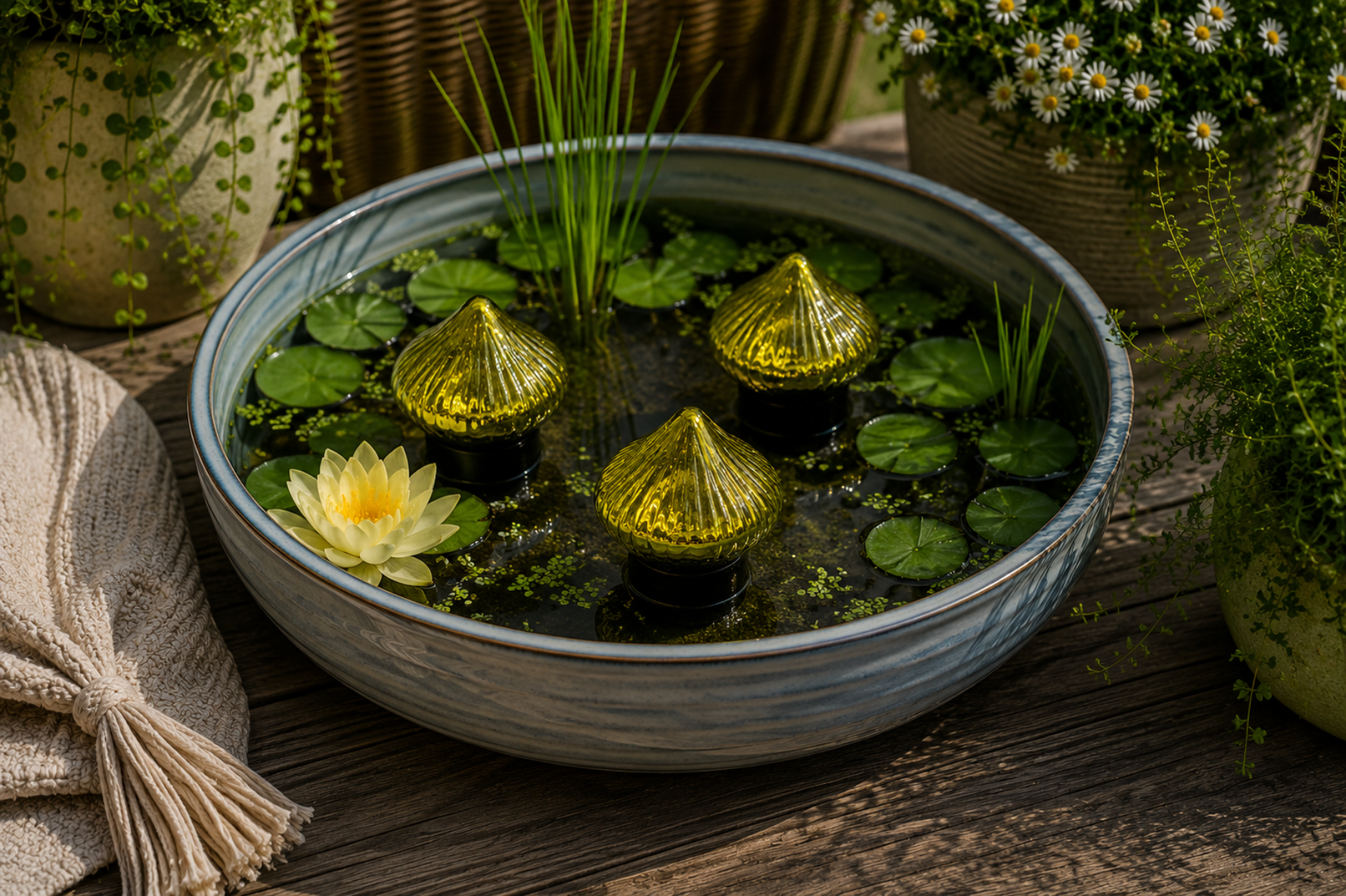 Glas-Schwimmlinse grün 3er Set Schwimmende Teichdekoration aus Glas Ø 6,5cm Dekokugeln für Miniteich Wasserschale Gartenteich und Terrasse