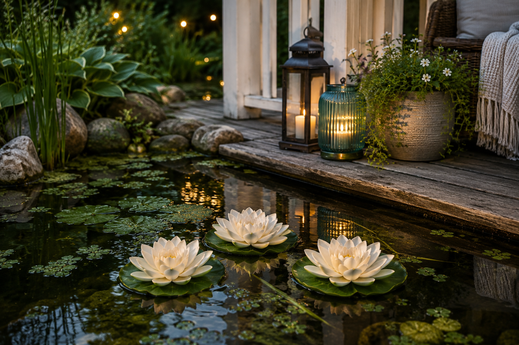 Seerosen Schwimmend 3er Set weiß Ø18cm Dekorative Wasserblumen aus Polyfoam für Teich Gartenteich Brunnen Balkon & Veranda