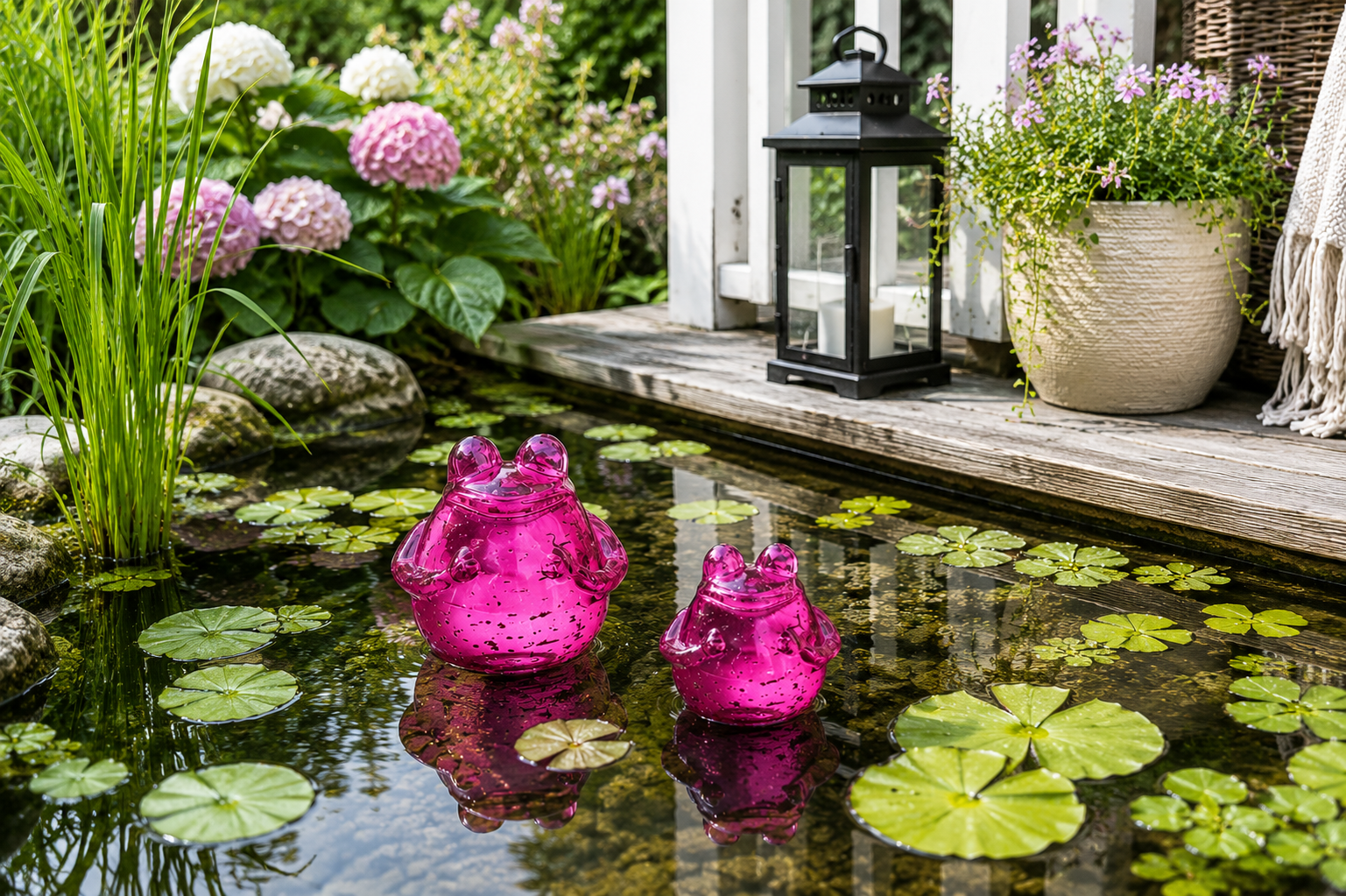 Glasfrosch schwimmend Frosch 2er Set Pink Dekorative Wasserdeko aus Glas 9x10cm & 12x13cm für Teich Wasserschale Brunnen Garten & Veranda
