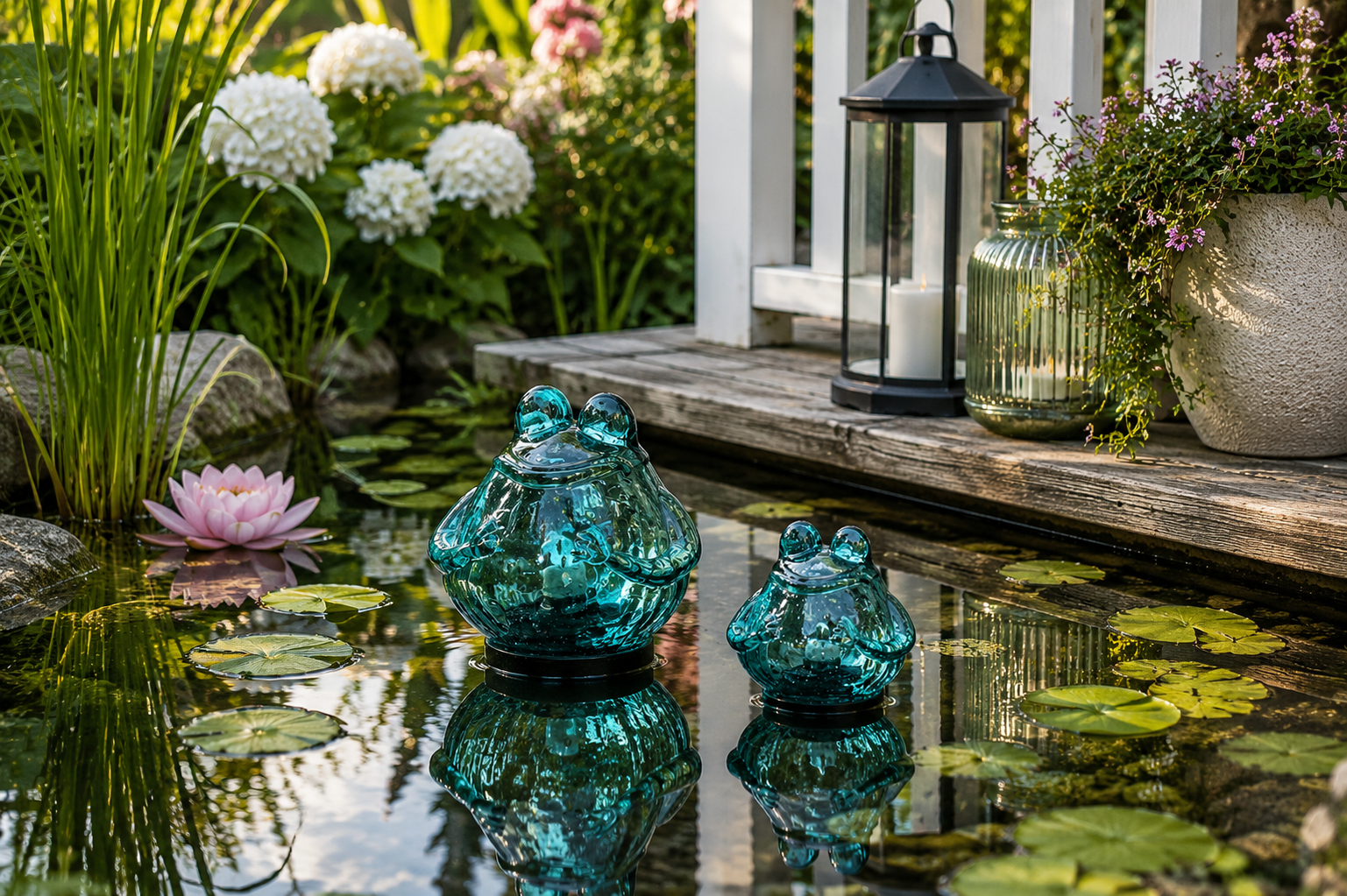 Glasfrosch schwimmend Frosch 2er Set türkis Dekorative Wasserdeko aus Glas 9x10cm & 12x13cm für Teich Wasserschale Brunnen Garten & Veranda