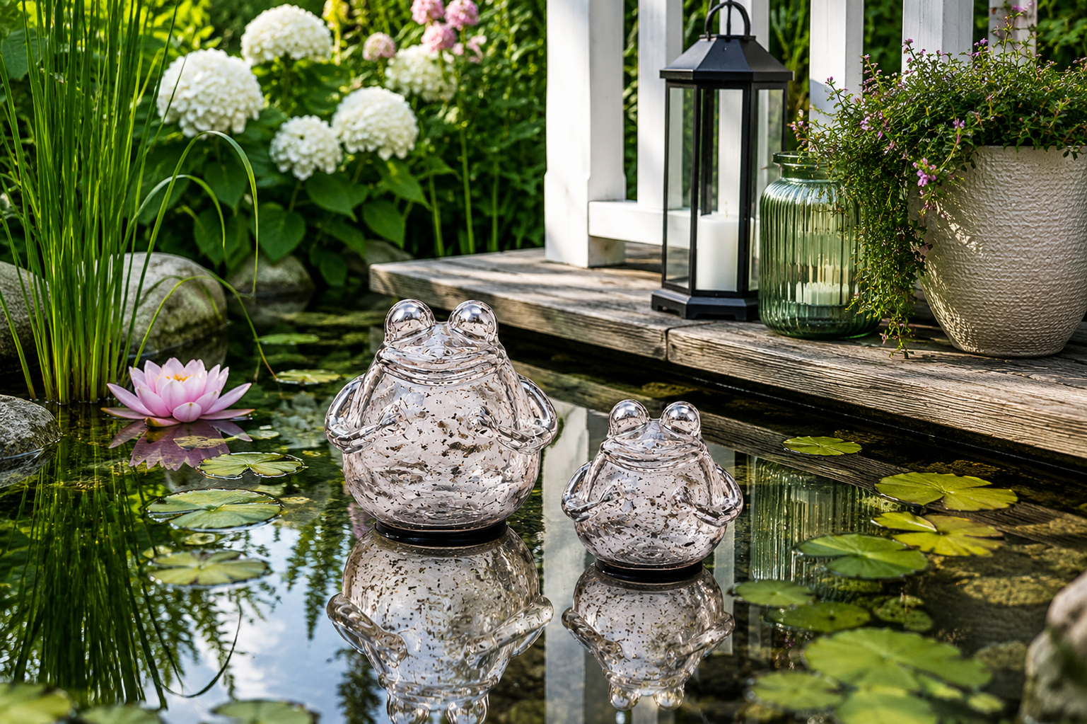 Glasfrosch schwimmend Frosch 2er Set silber Dekorative Wasserdeko aus Glas 9x10cm & 12x13cm für Teich Wasserschale Brunnen Garten & Veranda