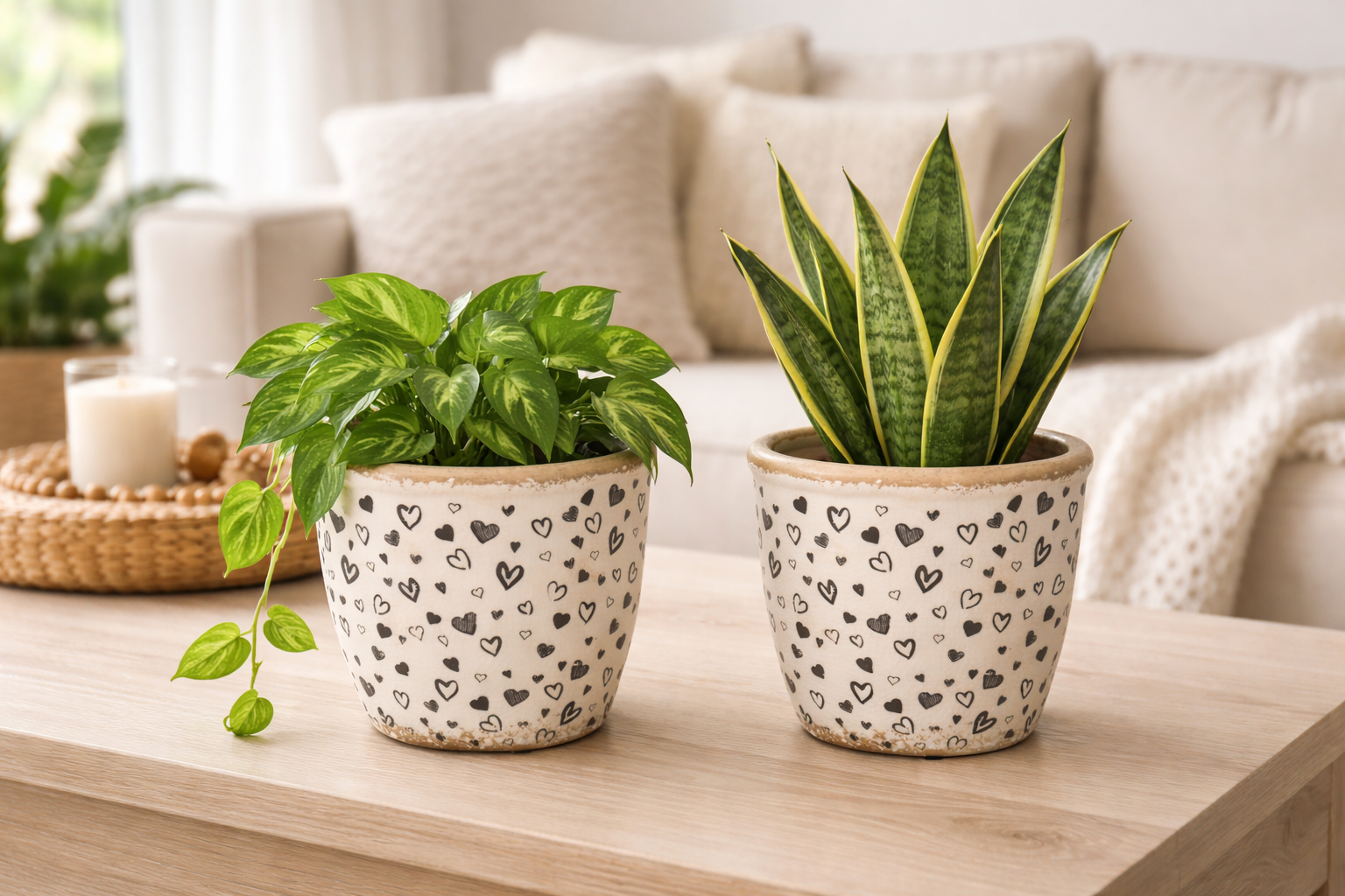 Blumentopf Herzen Weiß-Schwarz 2erSet Ø14cm Höhe 13cm Moderner Pflanztopf aus Steinzeug Dekorativer Übertopf für Zimmerpflanzen & Kräuter