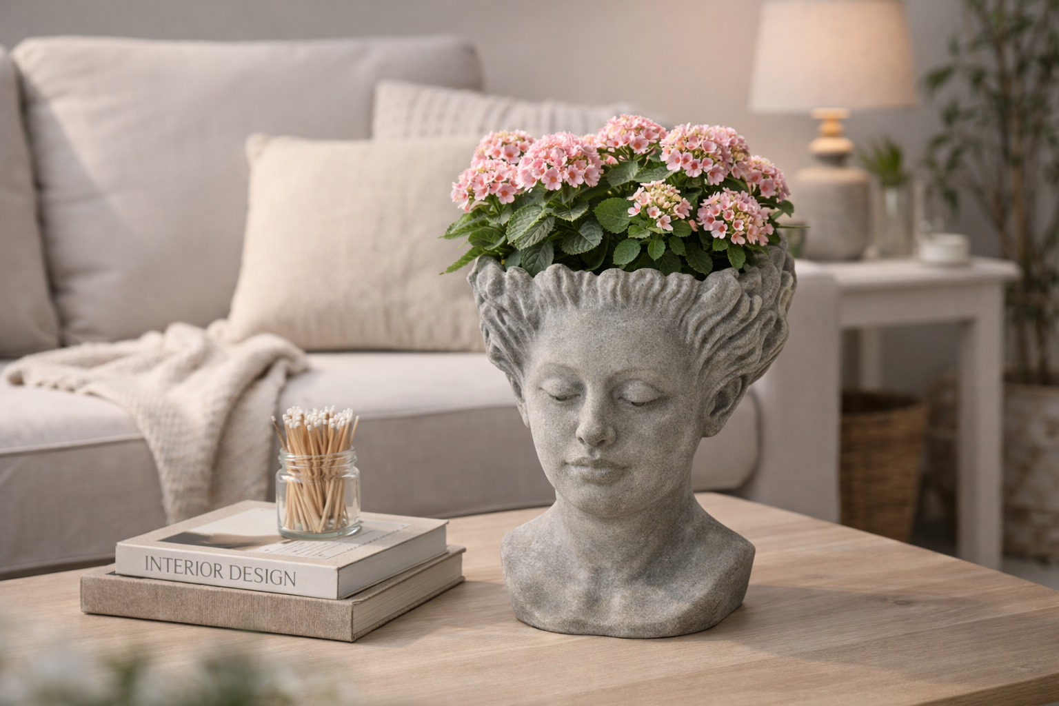 Pflanzkopf Büste Figur zum Bepflanzen Mädchenkopf Pflanzgefäß Ø17,5x23cm H22m Zement grau
