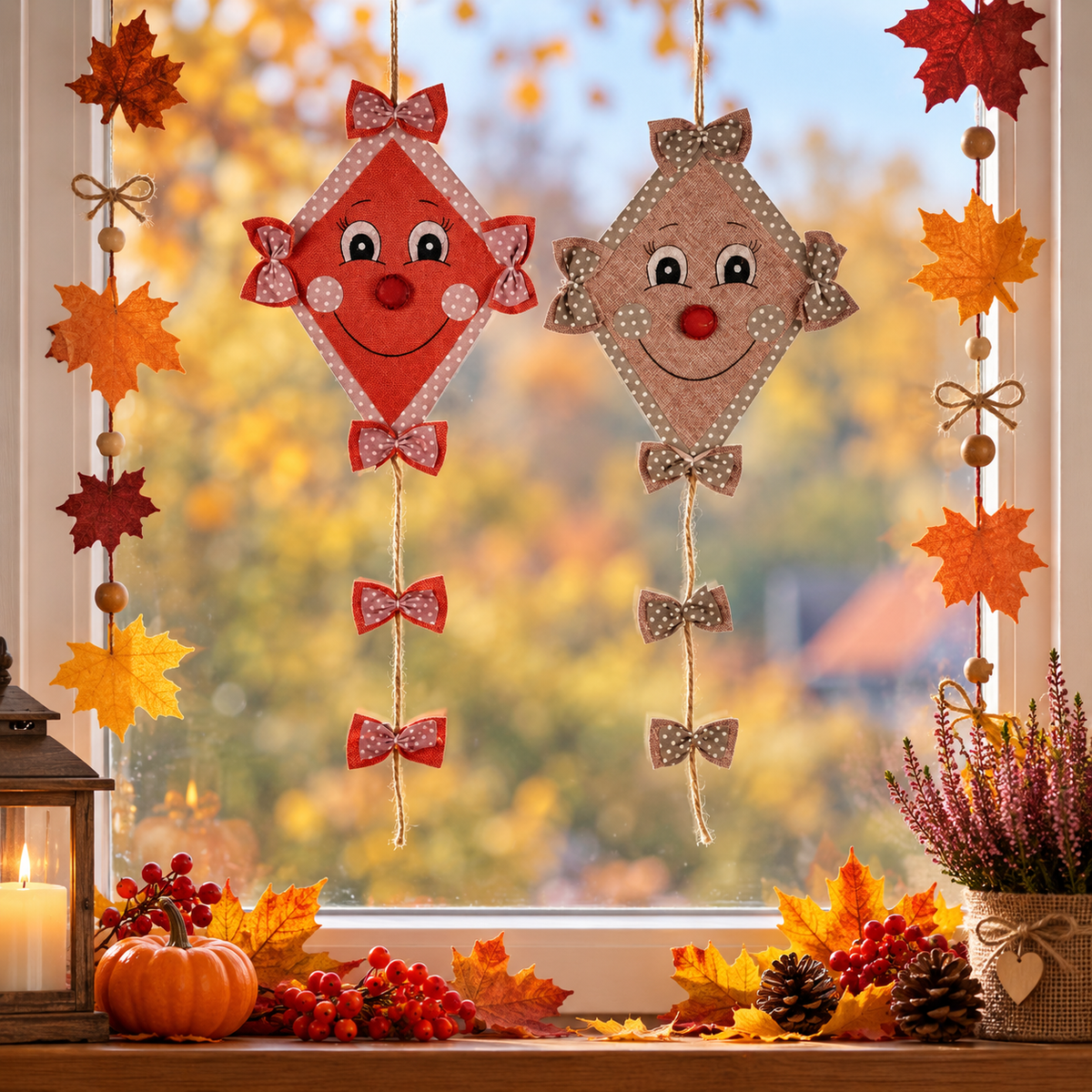 4x Herbstdeko Drachen Hänger 2Fb. sortiert rosa/natur 18x H25cm Fensterhänger Herbst Dekoration Fensterdeko