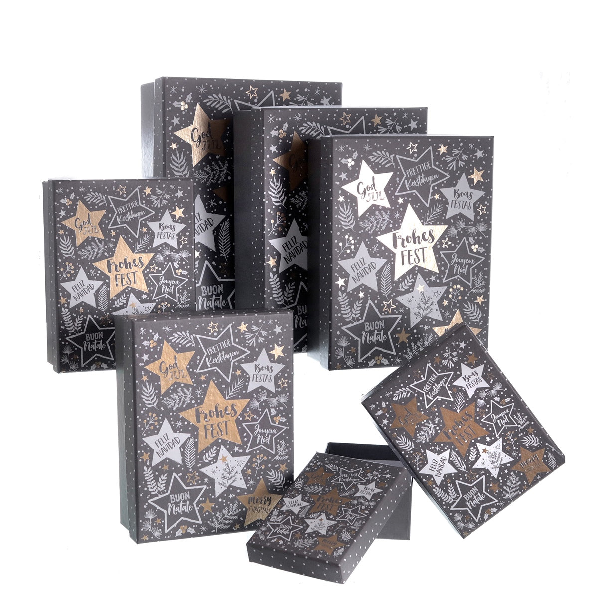 Geschenkboxen Geschenkkarton Weihnachten "Frohes Fest" Sterne 7erSet grau/weiß