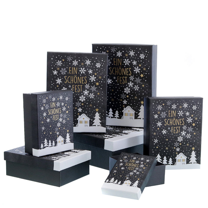 Geschenkboxen Geschenkkarton Weihnachten "Ein schönes Fest" Sterne 7erSet schwarz/weiß