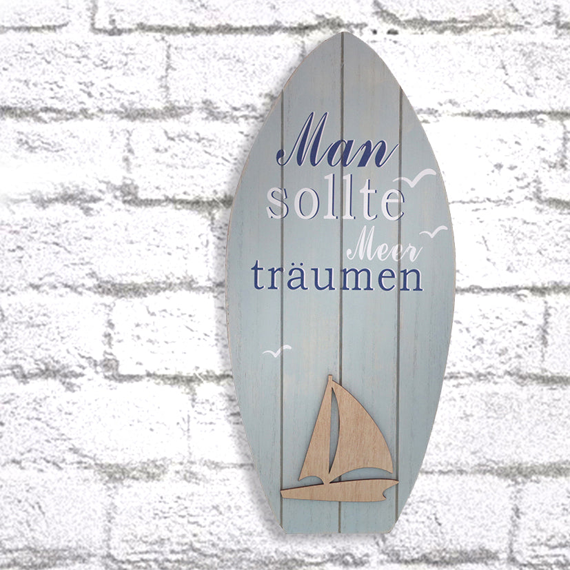 Surfbrett Board Aqua blau creme Holz Maritim Meer Segelboot Hänger 16x H35cm