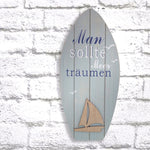 Lade das Bild in den Galerie-Viewer, Surfbrett Board Aqua blau creme Holz Maritim Meer Segelboot Hänger 16x H35cm
