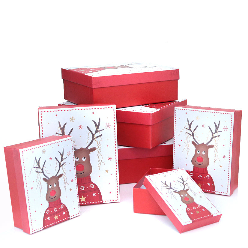Geschenkboxen Geschenkkarton Weihnachten "Rentier" 7erSet rot/weiß