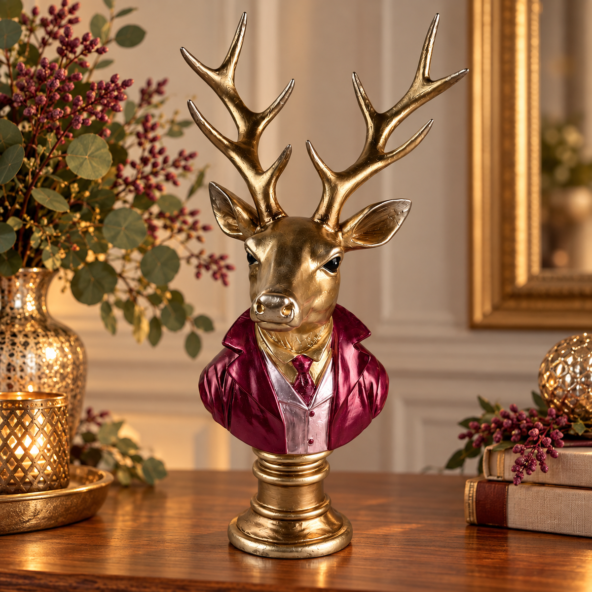 Hirschbüste Metallic-Burgundy – 35 cm Dekofigur