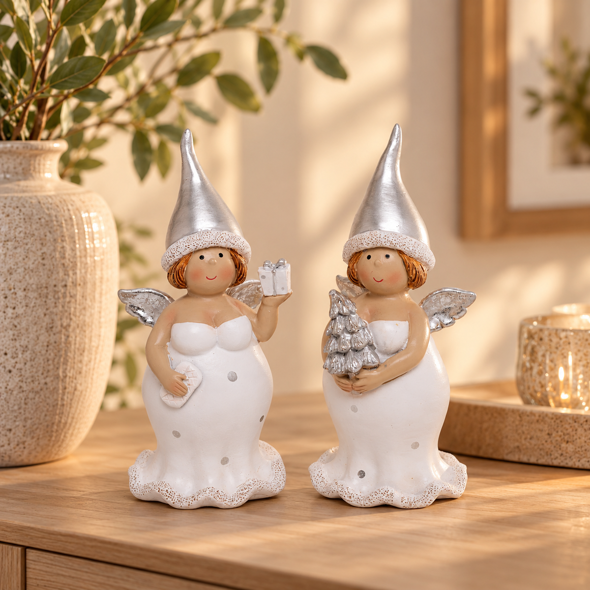 Engel 2er Set Weiß Silber – 16 cm | Polyresin Weihnachtsdeko