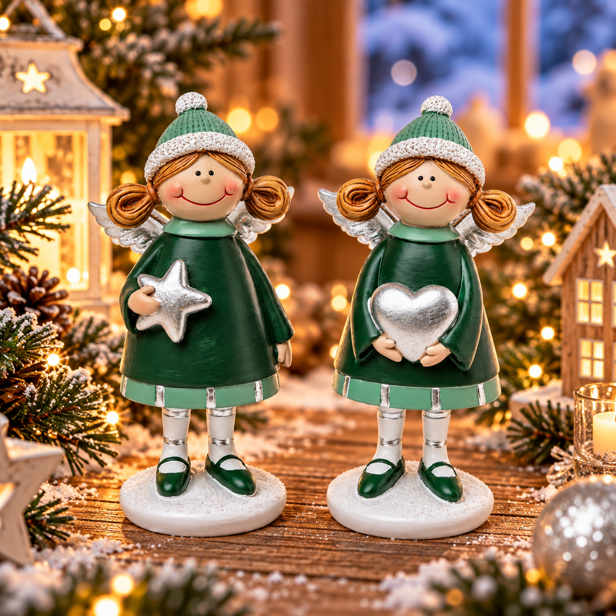 Deko Engel 2er Set 13 cm – Engel mit Stern & Herz aus Polyresin in Grün