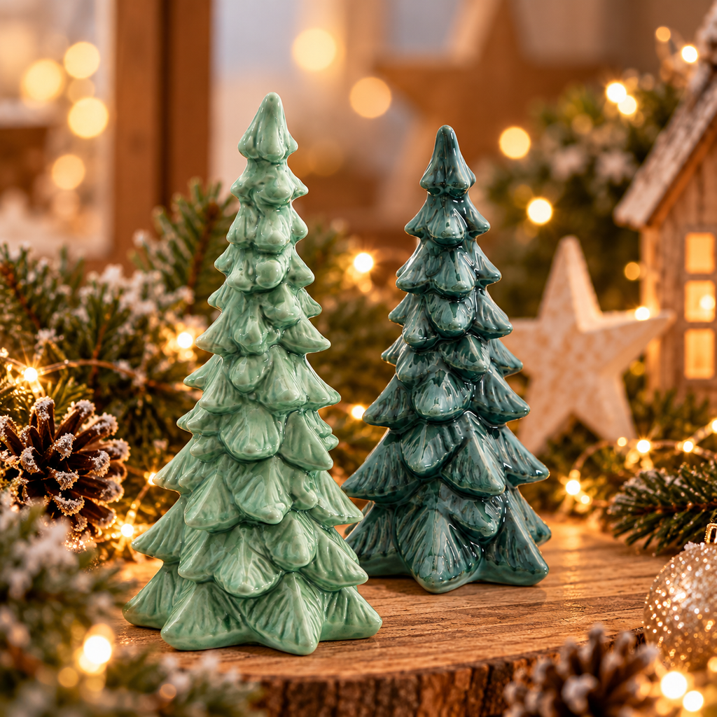 Porzellan Tannen 2er Set – Grüne Weihnachtsdeko 20,5 cm