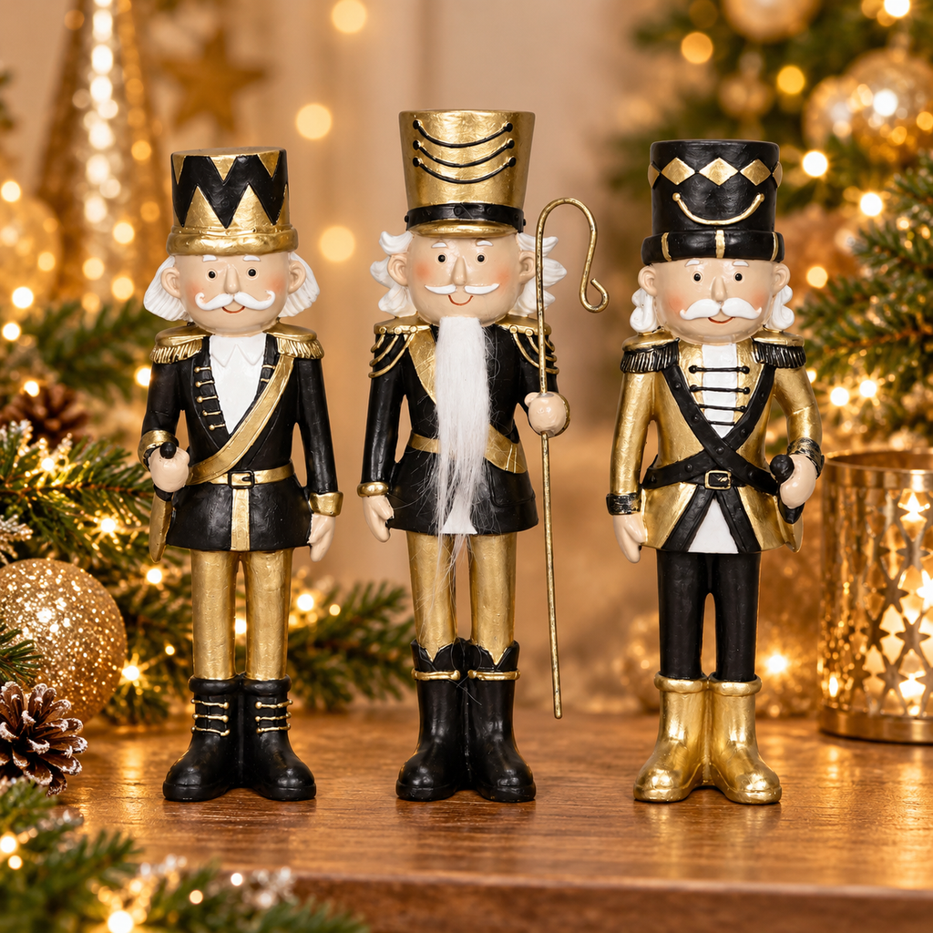 Deko Nussknacker 3er Set schwarz-gold – 20,5 cm aus Polyresin