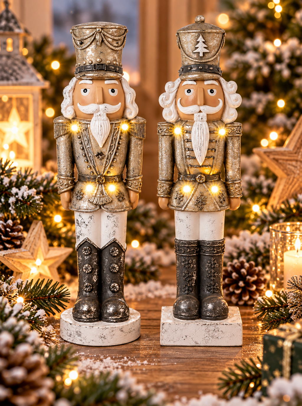 Nussknacker mit LED 2er Set 69 cm – Silberne Weihnachtsdeko aus Magnesia