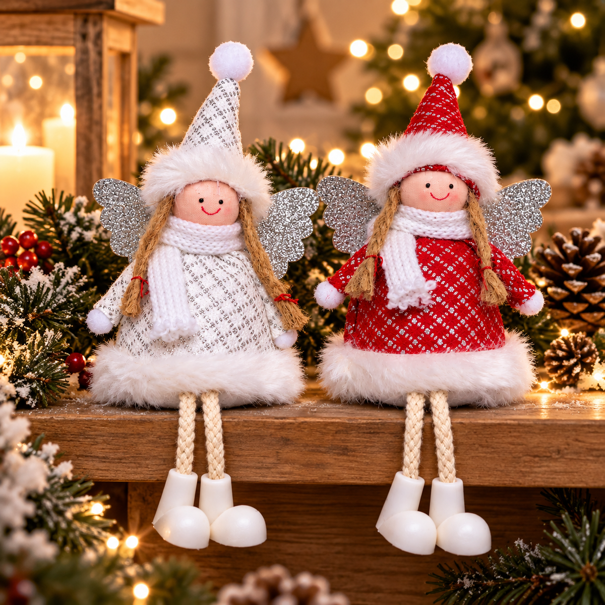 Engel 2er Set Rot Weiß – 13 cm | Weihnachtliche Engel-Deko