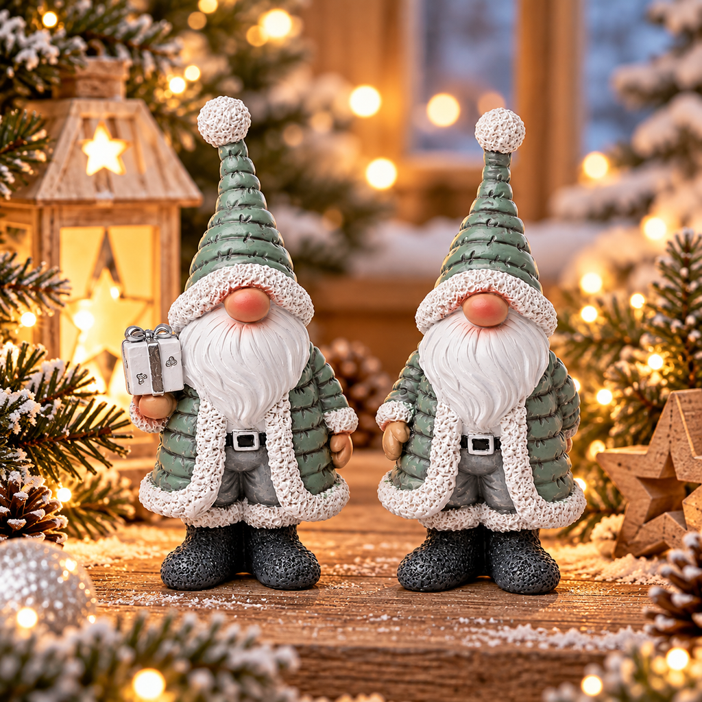 Deko Santa 2er Set 14 cm – Weihnachtsmann aus Polyresin in Grün & Grau