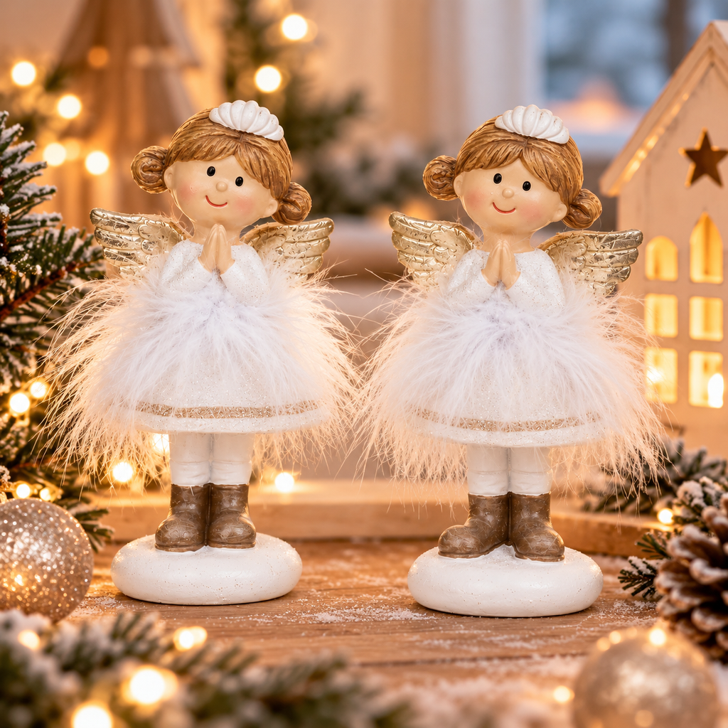 Deko Engel 2er Set 9,5 cm – Engel aus Polyresin in Gold & Weiß