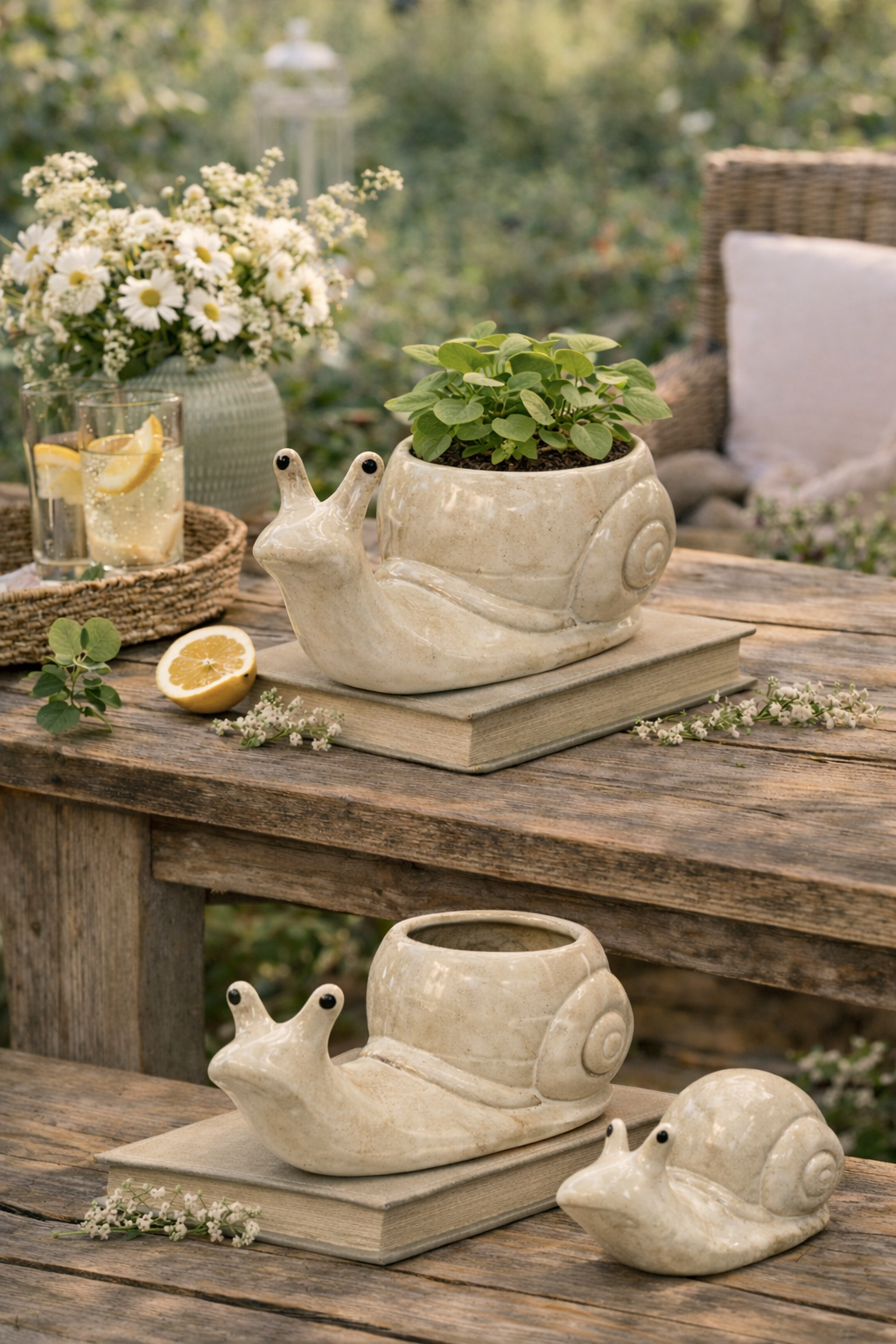 Schnecke Keramik Pflanzgefäß creme 18 x 8,5cm Dekorative Pflanz-Schnecke zum Bepflanzen Gartenfigur & Blumentopf für Garten, Balkon & Terrasse