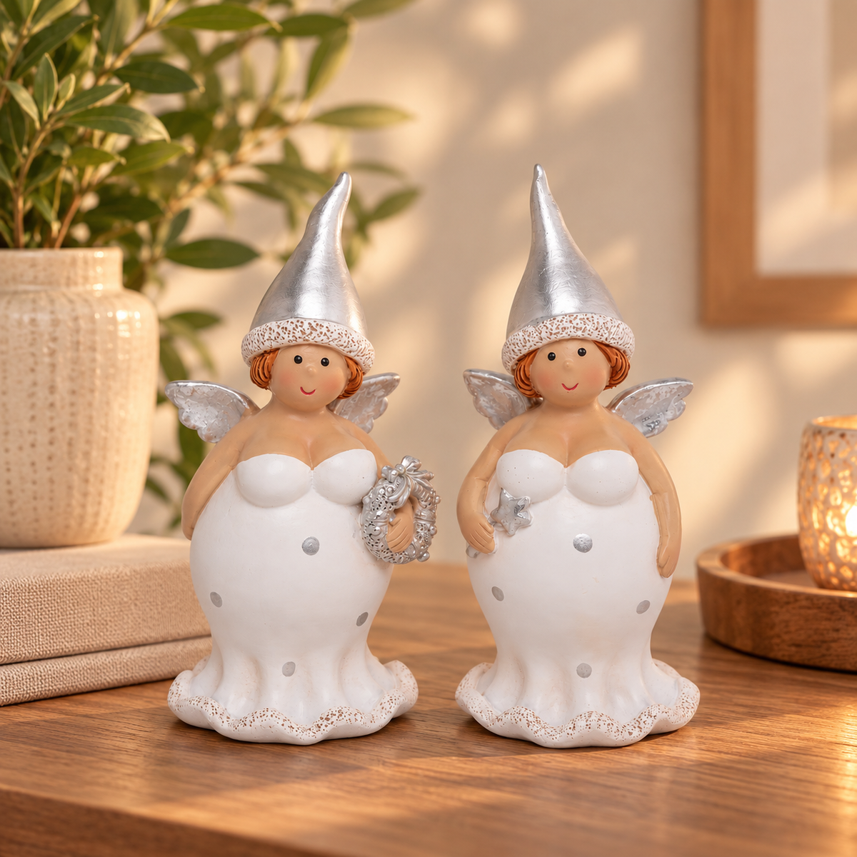 Engel 2er Set Weiß Silber – 11,5 cm | Polyresin Weihnachtsdeko
