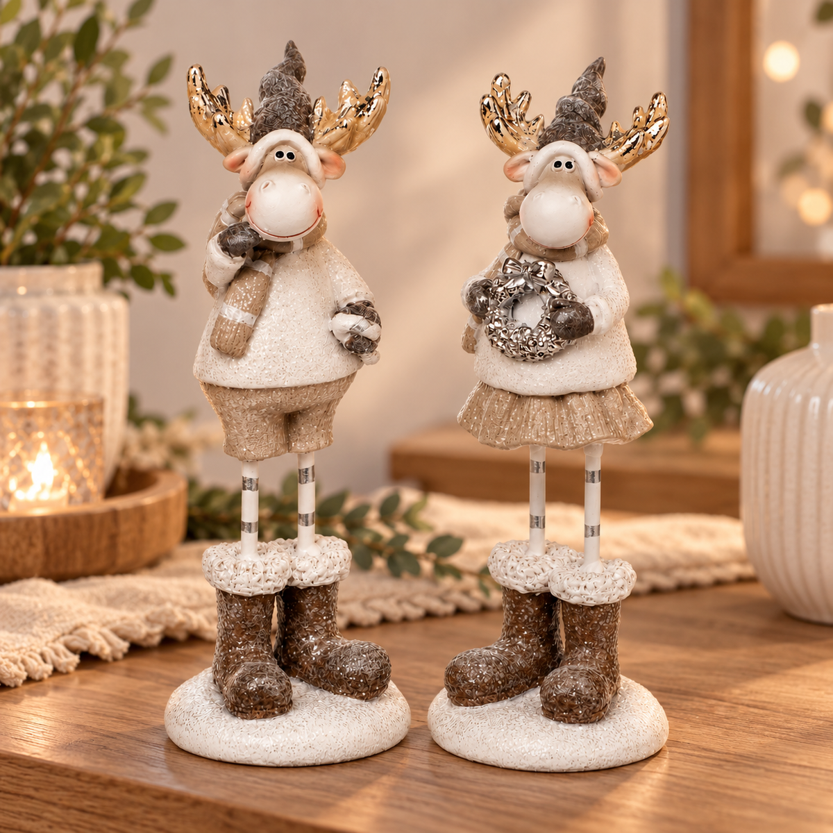 Elch 2er Set Beige Weiß – 13,5 cm | Polyresin Weihnachtsdeko