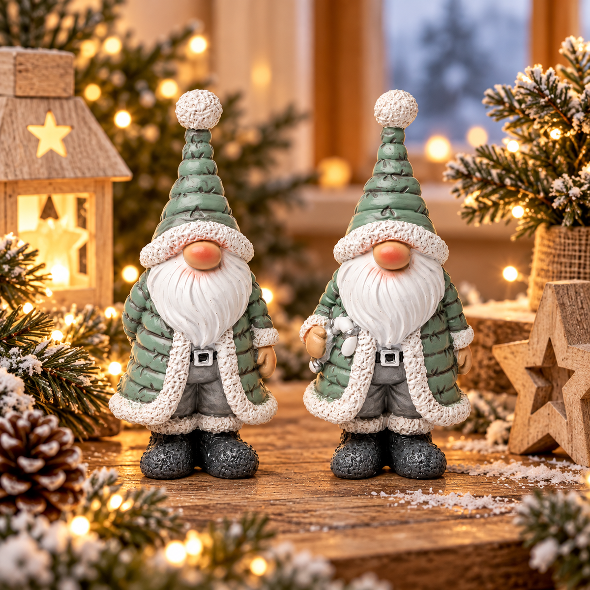 Deko Santa 2er Set 10 cm – Weihnachtsmann aus Polyresin in Grün & Grau