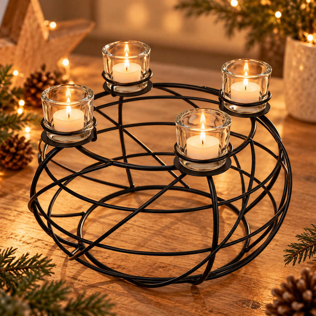 Metall Adventskranz Kerzenhalter Ø 39 cm – Schwarz mit 4 Gläsern