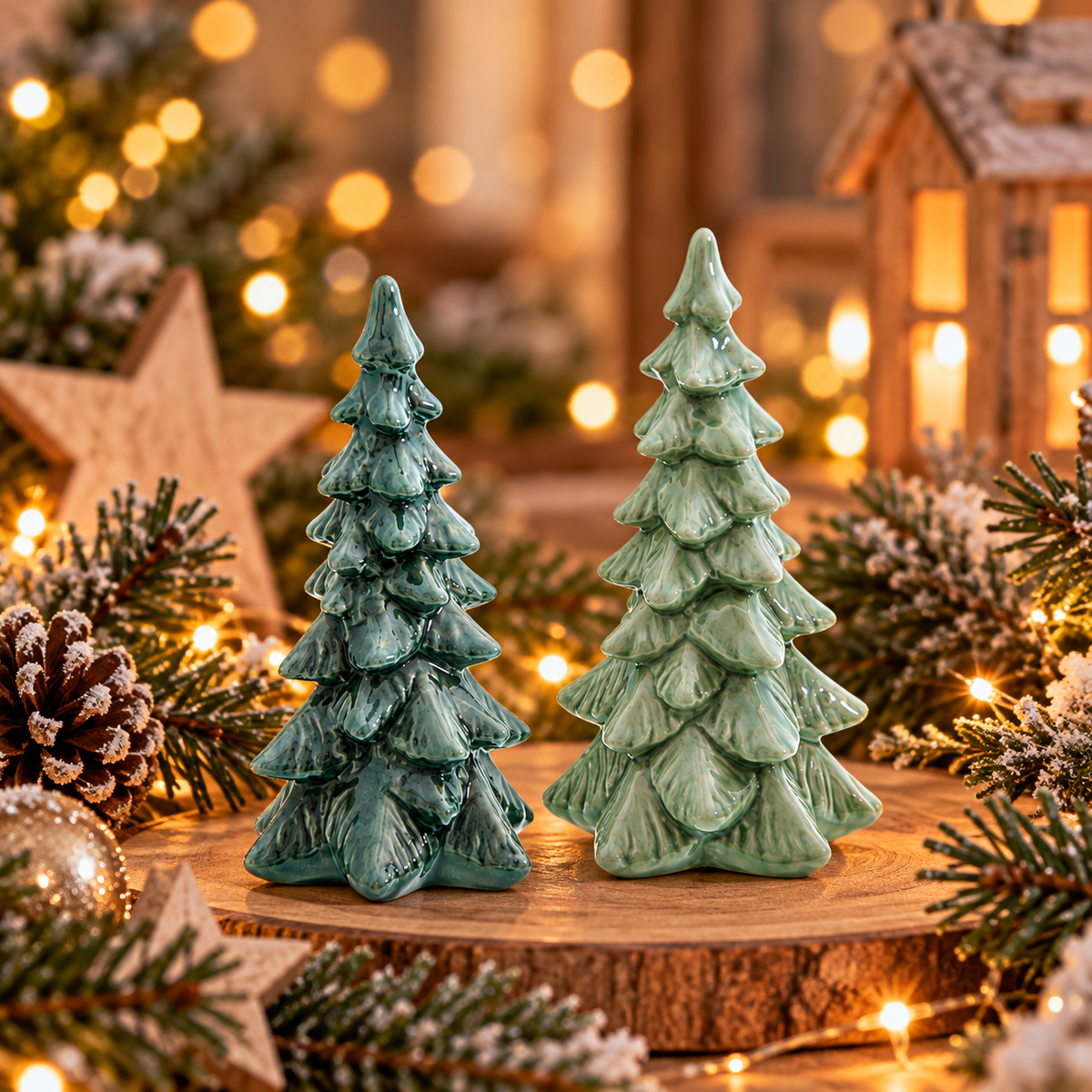 Porzellan Tannen 2er Set – Weihnachtsdeko in Hellgrün und Grün