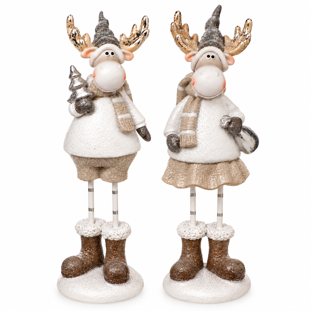 Elch 2er Set Beige Weiß – 19 cm | Polyresin Weihnachtsdeko