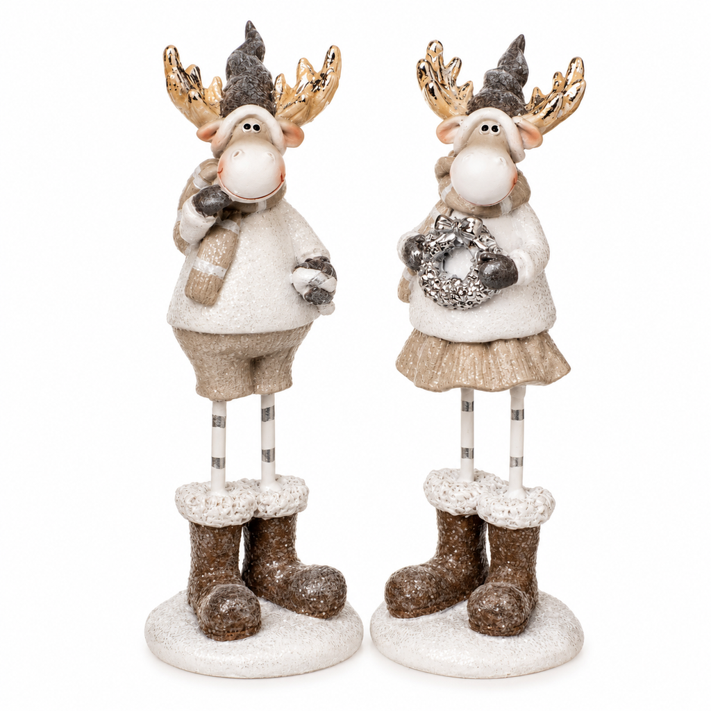 Elch 2er Set Beige Weiß – 13,5 cm | Polyresin Weihnachtsdeko