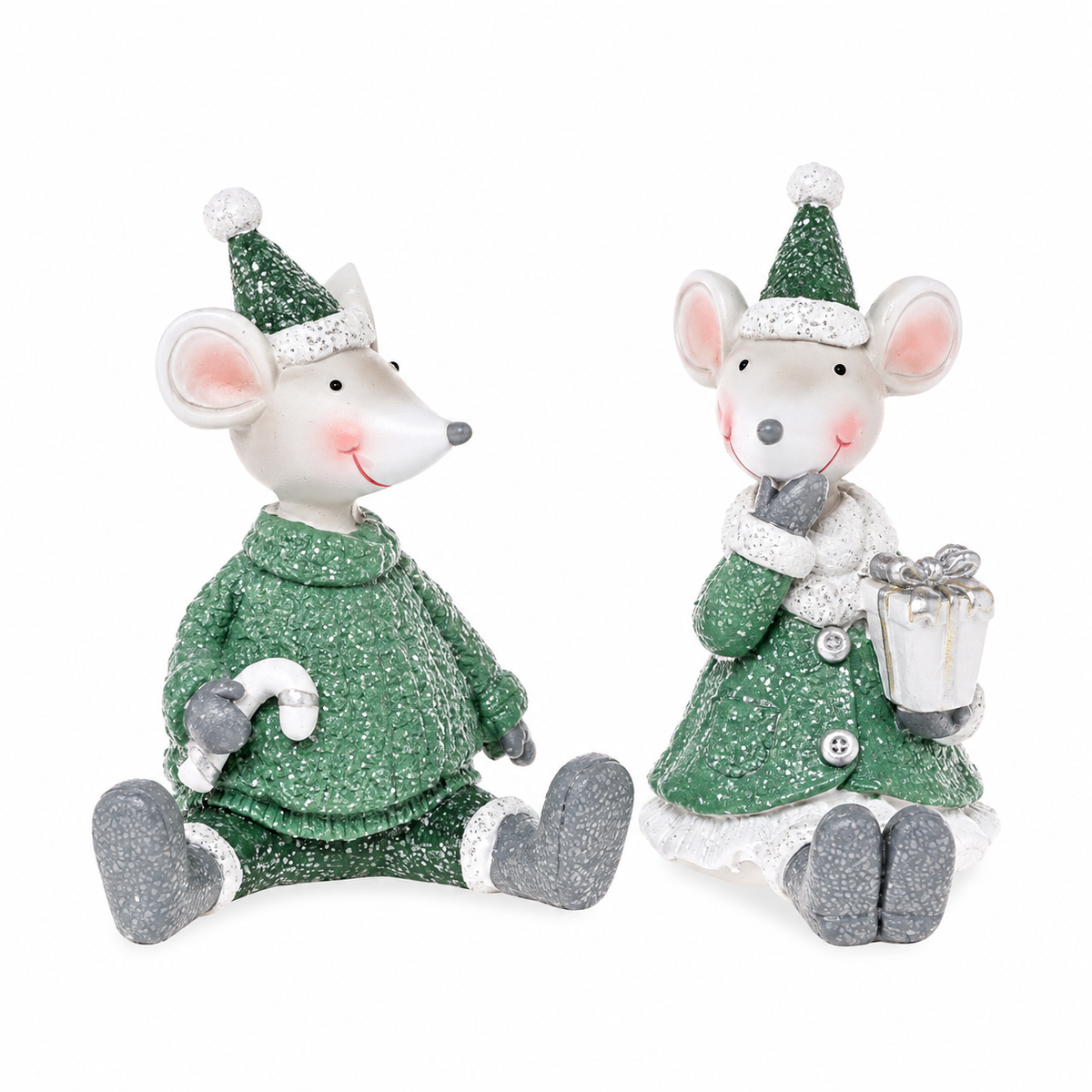 Deko Maus 2er Set 7,5 x 9 cm – Sitzende Maus aus Polyresin in Grau & Grün