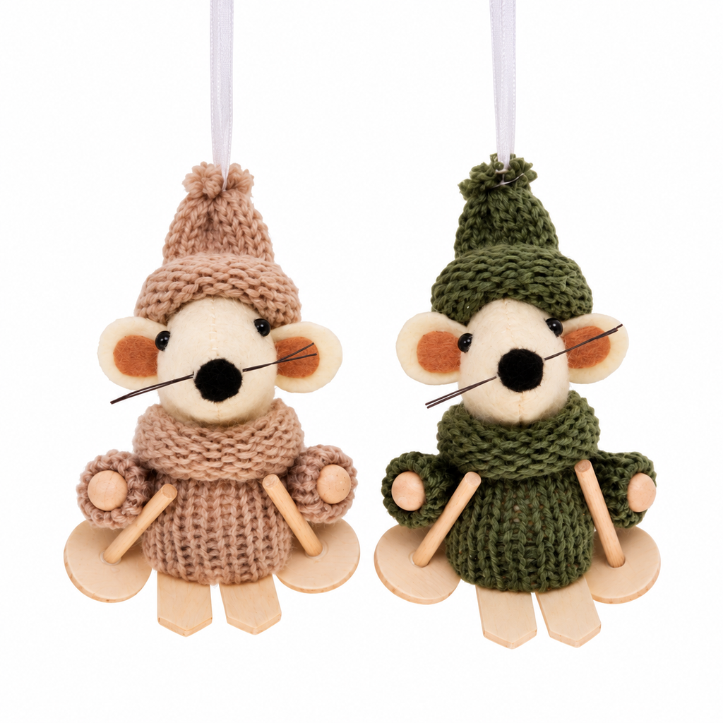 Ski-Mäuse 2er Set – 5 cm | Weihnachtsdeko in Grün und Beige
