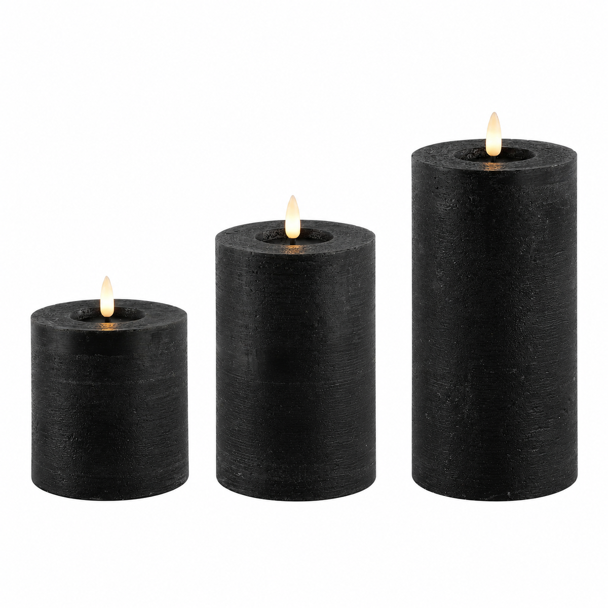 LED Stumpenkerze Rustikal Schwarz Ø 10 cm H 10/15/20 cm – Indoor LED Kerze mit warmweißem Flammeneffekt, Timer & Fernbedienungsfunktion – 3 Größen wählbar – Echt Wax– 2x AA Batterien