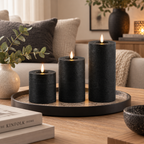 LED Stumpenkerze Rustikal Schwarz Ø 10 cm H 10/15/20 cm – Indoor LED Kerze mit warmweißem Flammeneffekt, Timer & Fernbedienungsfunktion – 3 Größen wählbar – Echt Wax– 2x AA Batterien