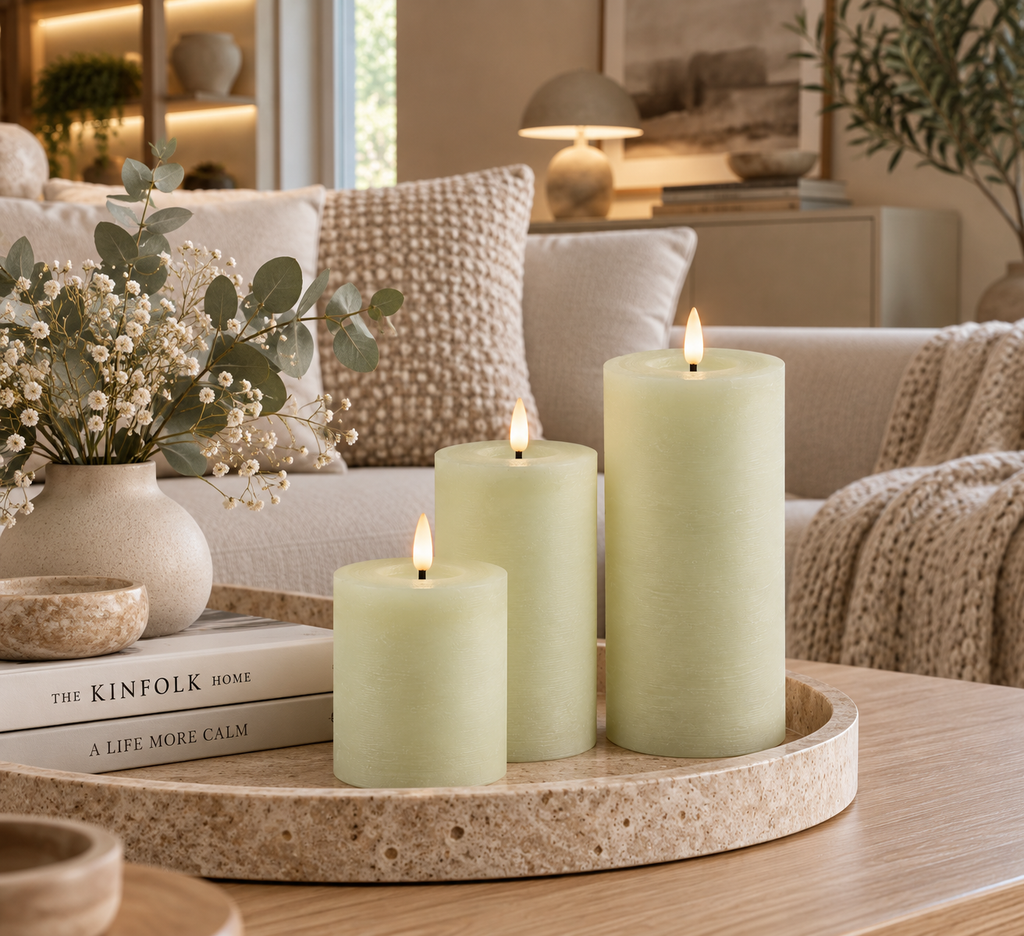 LED Stumpenkerze Rustikal Creme Ø 10 cm H 10/15/20 cm – Indoor LED Kerze mit warmweißem Flammeneffekt, Timer & Fernbedienungsfunktion – 3 Größen wählbar – Echt Wax– 2x AA Batterien