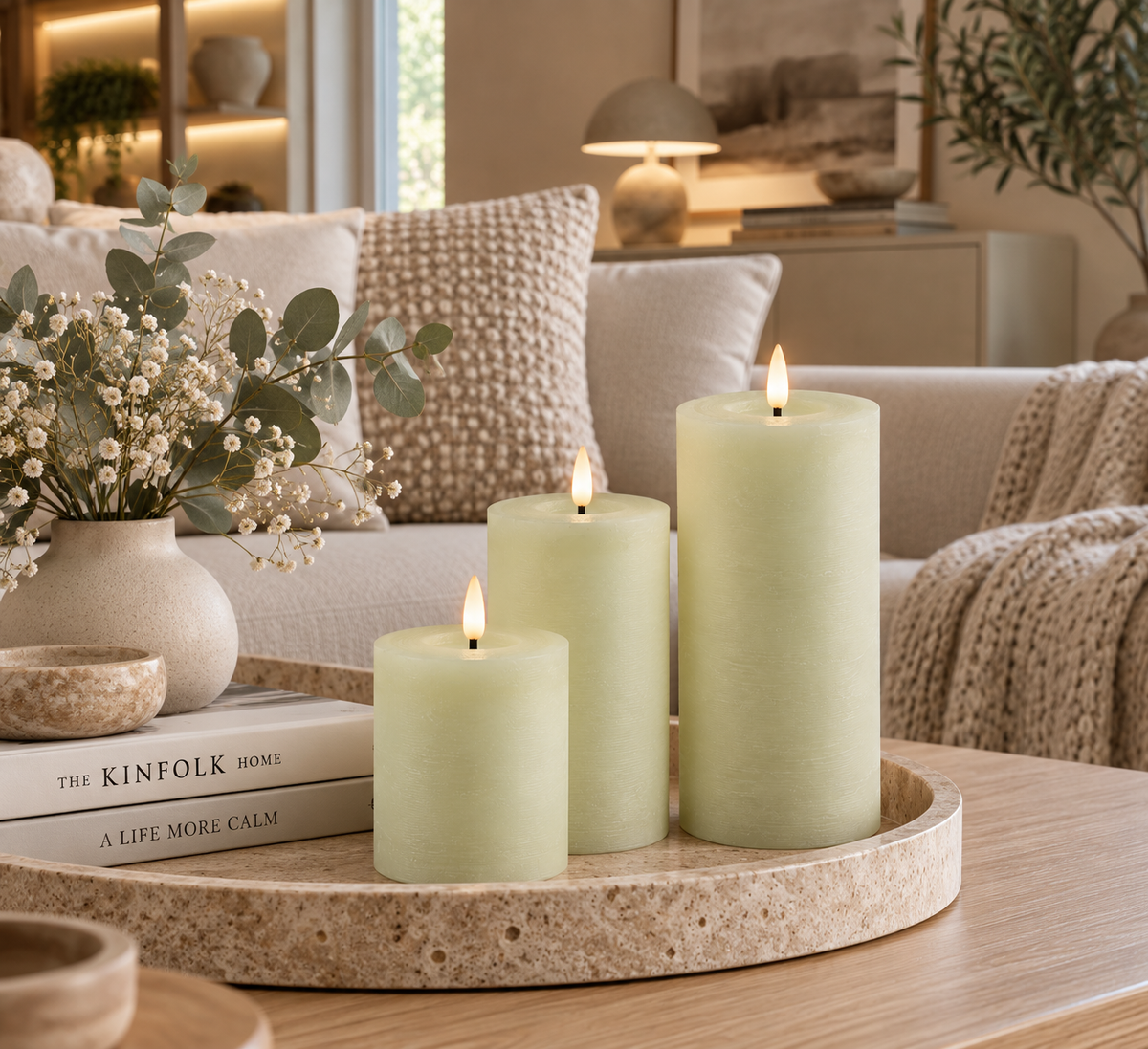 LED Stumpenkerze Rustikal Creme Ø 10 cm H 10/15/20 cm – Indoor LED Kerze mit warmweißem Flammeneffekt, Timer & Fernbedienungsfunktion – 3 Größen wählbar – Echt Wax– 2x AA Batterien