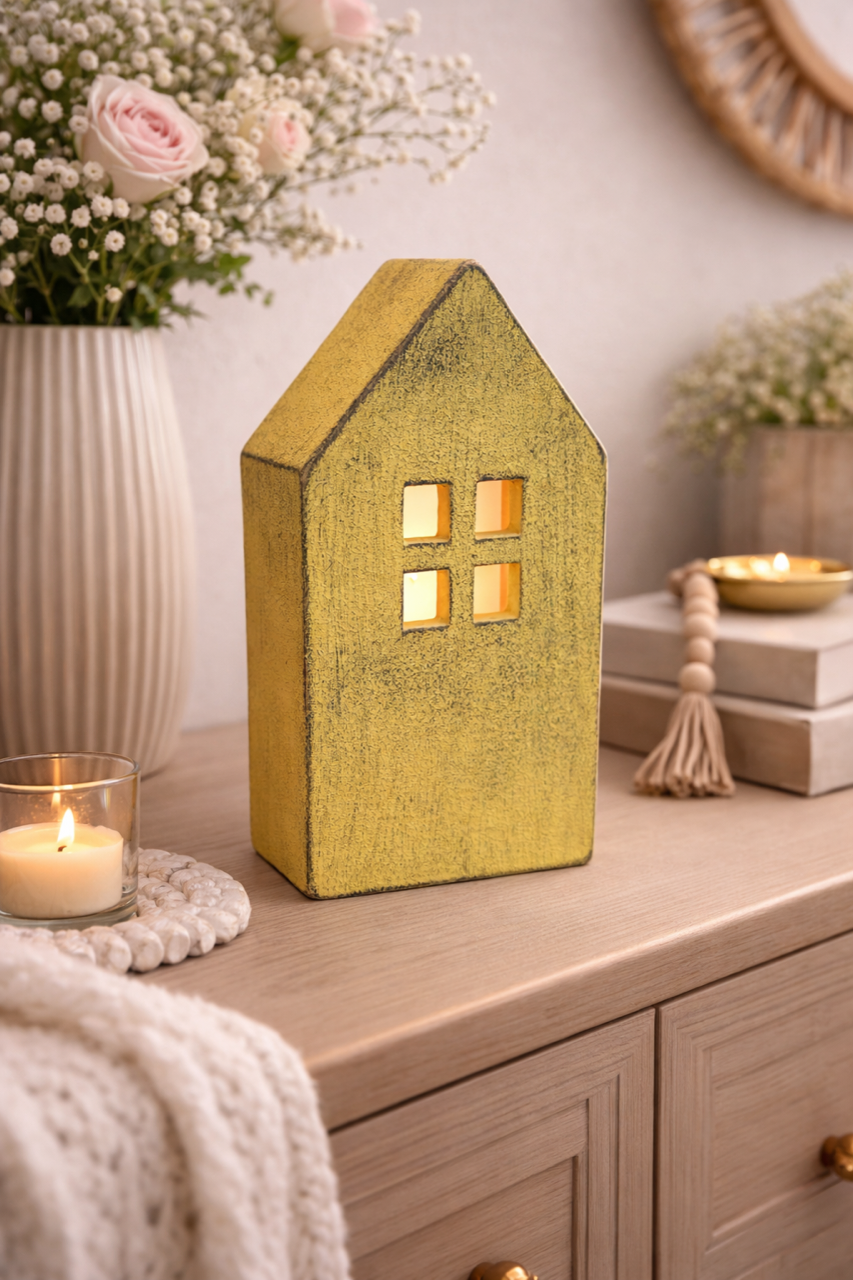 Lichterhaus Zement gelb Höhe 19,5cm + 22,5 cm Deko Haus für Licht  Teelichthaus für Wohnbereich 2Größen wählbar